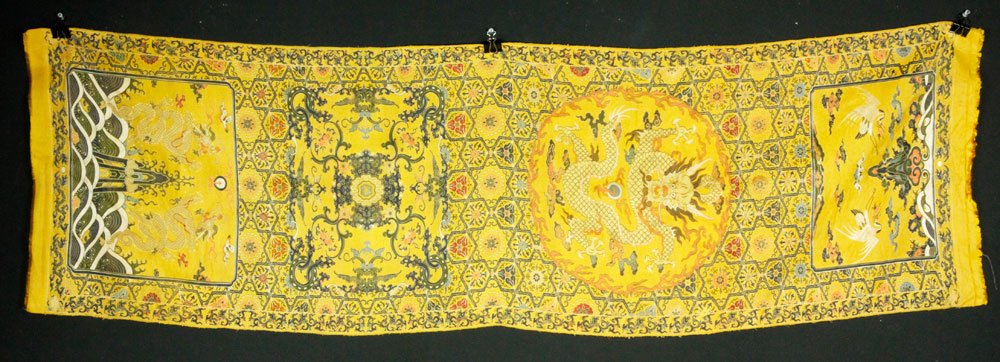 Chinese Imperial Yellow Embroidery: Imperial yellow embroidery panel, China, with motifs of a pair of cranes, a pair of dragons and a dragon roundel, 40" x 27".