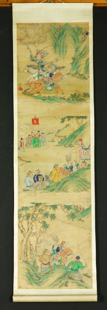 Chinese Scroll Painting: Scroll painting, China, late 19th/early 20th century, depicting a battle scene, watercolor on silk, 48" l x 13" w. Provenance: From the family of Lawrence Mead, co-director of the International Studen