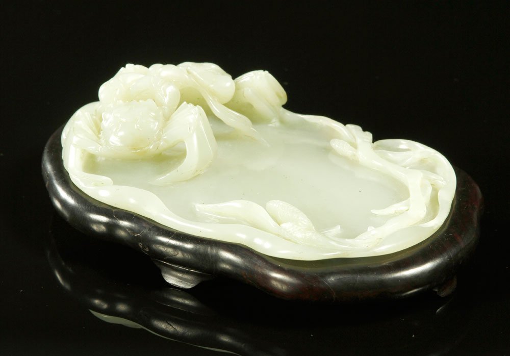 Chinese Carved Jade Brush Washer: White jade brush washer, China, Qing Dynasty (1644-1911), carved with a pair of crabs and edged with reeds, Qianlong mark, 1 1/8" x 5 1/4" x 3 1/2".