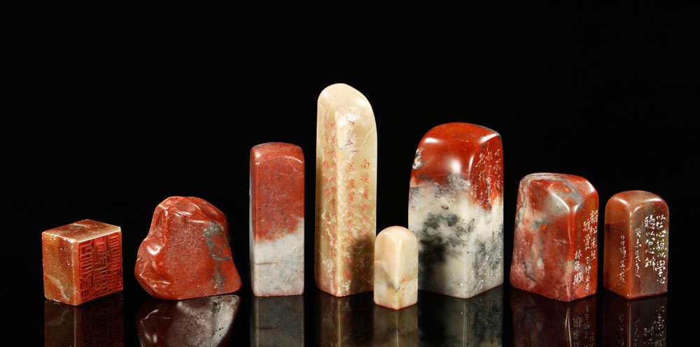 Chinese Soapstone Seals: Nine carved soapstone seals, China, most inscribed with characters, largest 3 3/4" h.