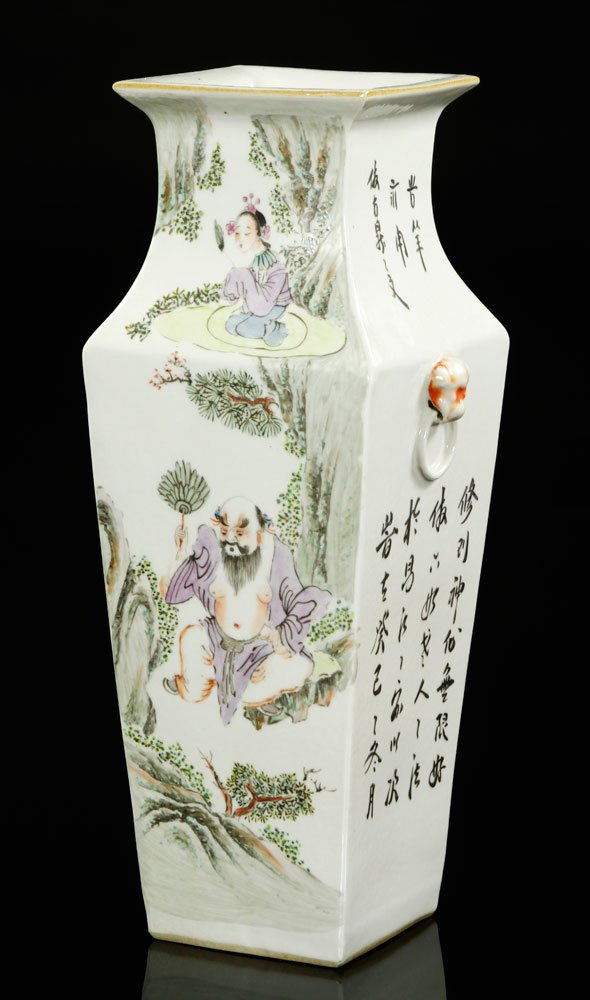 Chinese Republic Period Famille Rose Vase: Famille rose square vase, China, Republic Period, decorated with a Chinese lady, 16 3/4" h.