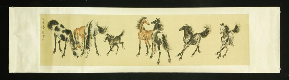 Chinese Watercolor Painting: Painting, China, of a group of horses, watercolor on rice paper, signed Xu Beihong, 13" x 53 1/2".