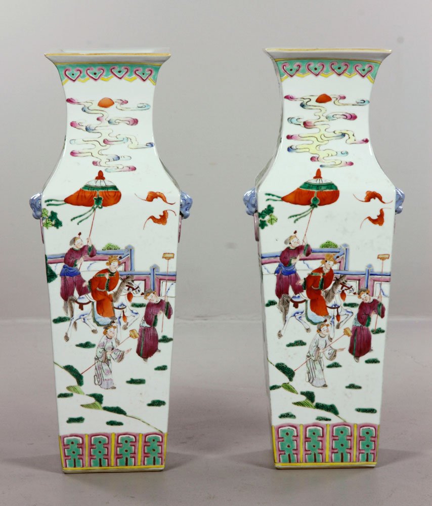 Chinese Square Famille Rose Vases: Pair of famille rose square vases, China, Tongzhi Period (1862-1874), with foo lion head handles, decorated with a wedding story, 22 1/4".