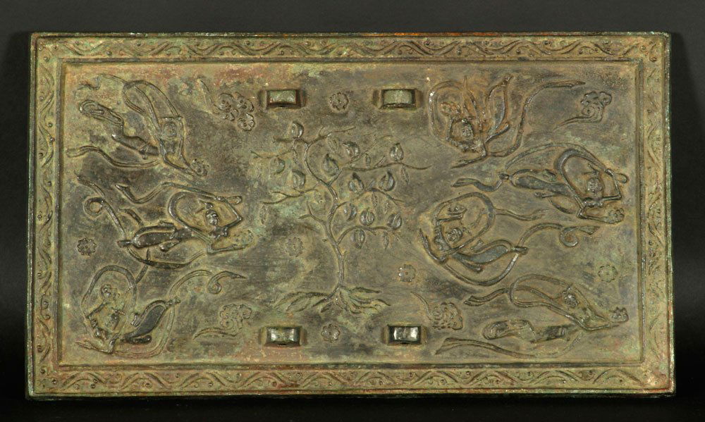 Chinese Bronze Mirror: Bronze mirror, China, 17 1/4" x 10". Provenance: From the collection of Zhang Guohe, born January 1922. A former Colonel of Chiang Kai-shek’s army, he attended the Japanese surrender in Hunan Zhejia
