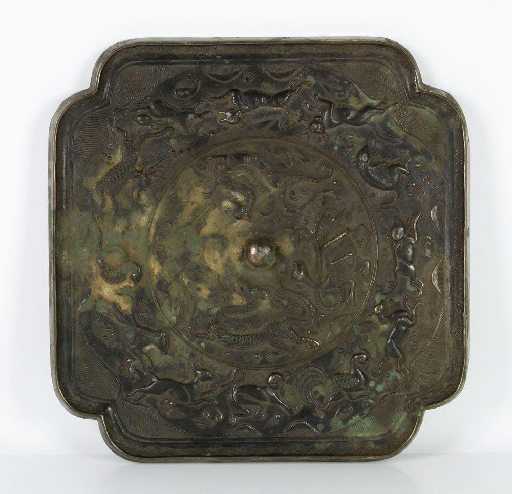 Chinese Bronze Mirror: Bronze mirror, China, 15" x 15". Provenance: From the collection of Zhang Guohe, born January 1922. A former Colonel of Chiang Kai-shek’s army, he attended the Japanese surrender in Hunan Zhejiang,