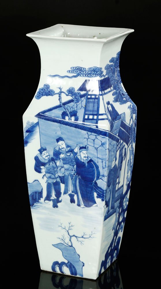 Chinese 19th C. Porcelain Vase: Blue and white porcelain vase, China, 19th century, the square form decorated with a Chinese war narrative, 16 1/4"