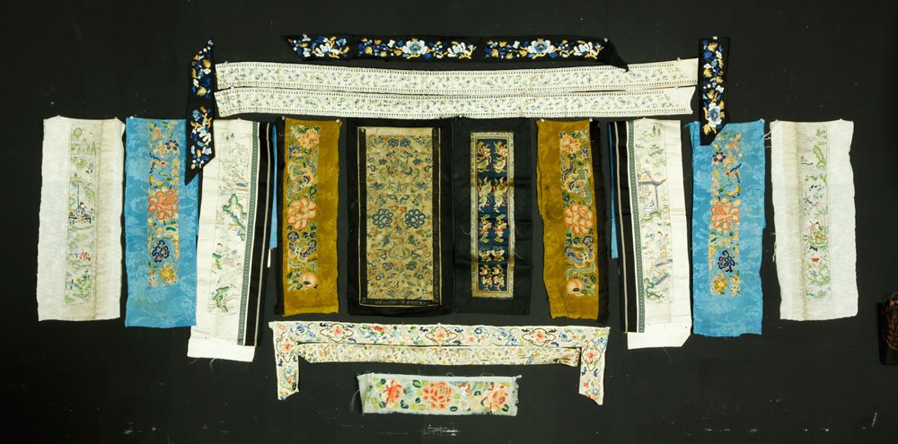 Chinese 19th C. Embroideries: Eleven small pieces of embroidery, China, mostly 19th century, largest 33" l. Provenance: From the family of Lawrence Mead, co-director of the International Student Association of Greater Boston was b