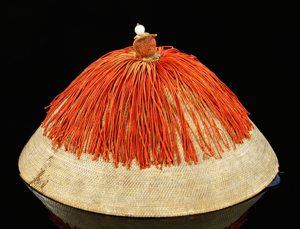 Chinese Qing Dynasty Official's Hat: Summer court hat, China, Qing Dynasty, late 19th century, worn by a Manchu nobleman, with red coral and pearl finial, 6 1/2" h x 11" dia.