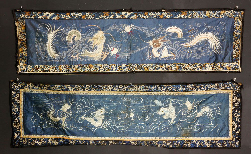 Chinese 19th C. Pair of Embroideries: Pair of embroidered table runners, China, 19th century, 71" x 19 1/2".