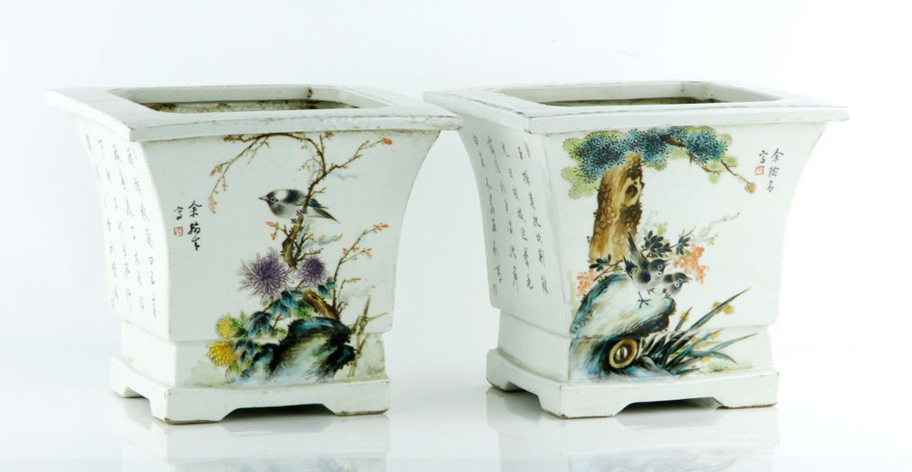 Chinese Republic Period Famille Rose Flower Pots: Pair of famille rose flower pots, China, Republic Period, decorated with a bird and flower design and calligraphy, 8" x 9".