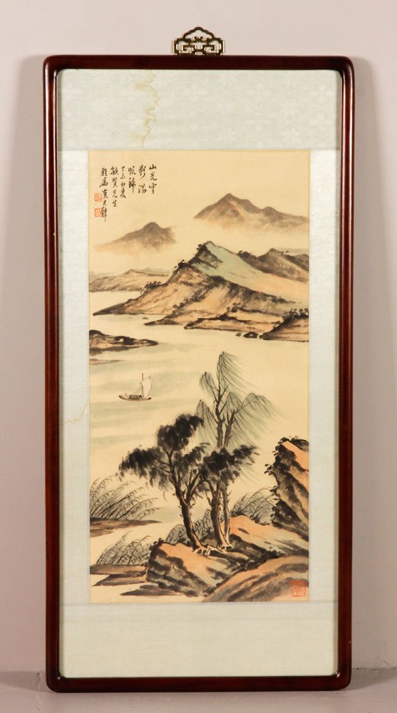 Chinese Watercolor Painting: Scroll painting, China, watercolor on paper, of a group of horses, signed Xu Beihong, 53 1/2" x 13".