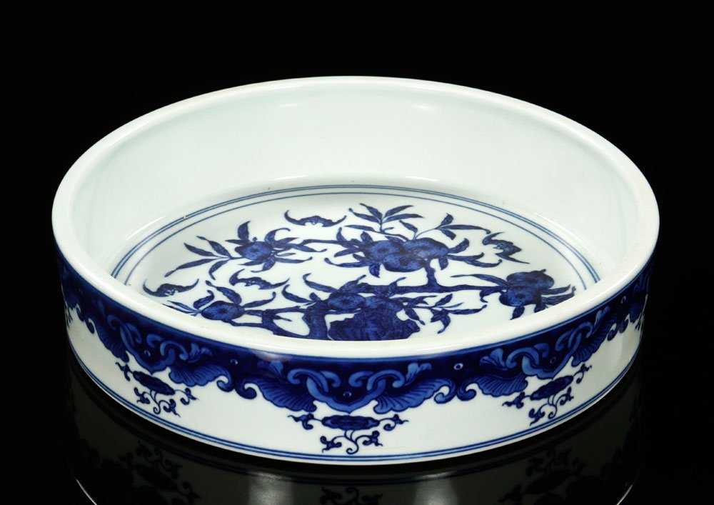 Chinese Blue and White Brush Washer: Blue and white brush washer, China, round form, Yongzheng mark on base, 11".