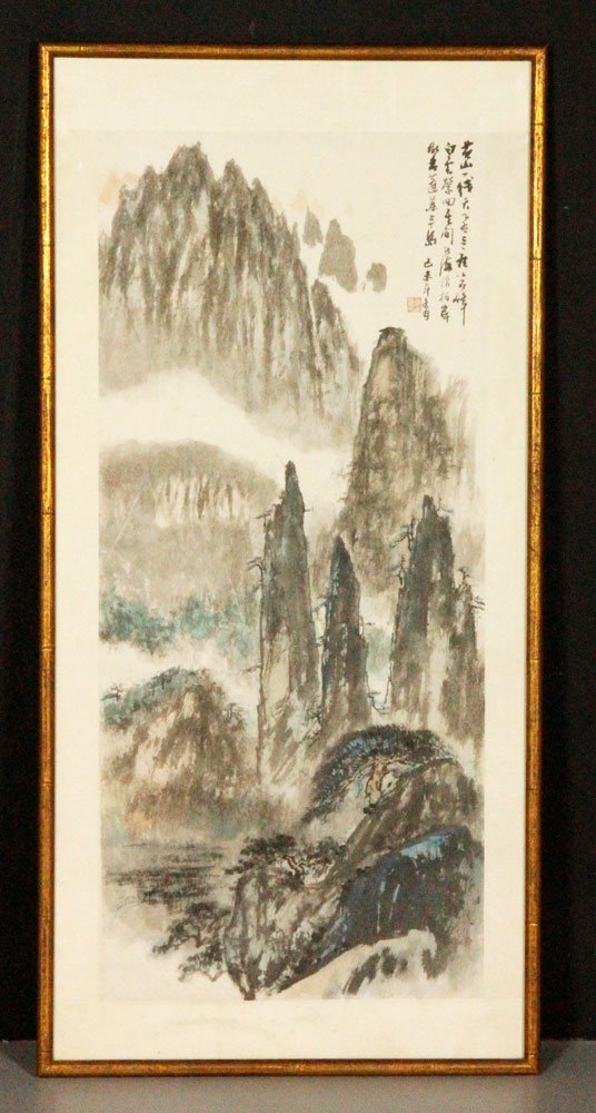 Chinese Watercolor Painting, Signed Huang Ruzhou: Painting, China, of a mountain landscape, watercolor on paper, signed Huang Ruzhou, 36â€ x 16â€. Provenance: From the collection of Zhang Guohe, born January 1922. A former Colonel of Chiang Kai