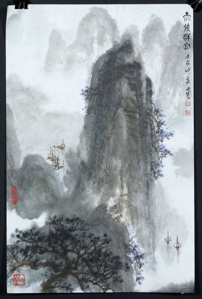 Chinese Watercolor Painting, Signed Shi Hui: Painting, China, of boats in a mountain landscape, watercolor on paper, signed Shi Hui, 26 1/4â€ x 17â€. Provenance: From the collection of Zhang Guohe, born January 1922. A former Colonel of Ch