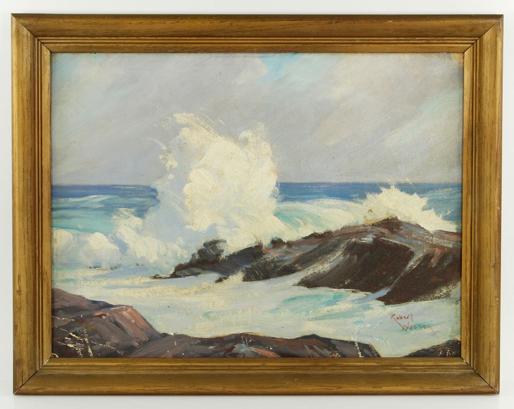 Wesson, "Breaking Waves," O/CB: Robert Wesson (1902-1967), "Breaking Waves," oil on canvas board, signed lower right, dated verso Oct. 3, 1954. Provenance: From a Marblehead, MA estate.