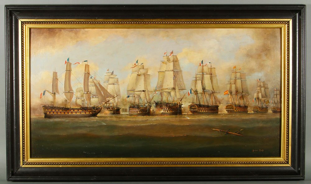 Coole, "Battle of Trafalgar," O/B: Brian Coole, "Battle of Trafalgar, Victory Breaking the French Line," oil on board, signed lower right, 16" h x 30 1/2" w (view), 21 1/4" h x 36 1/2" w (frame).