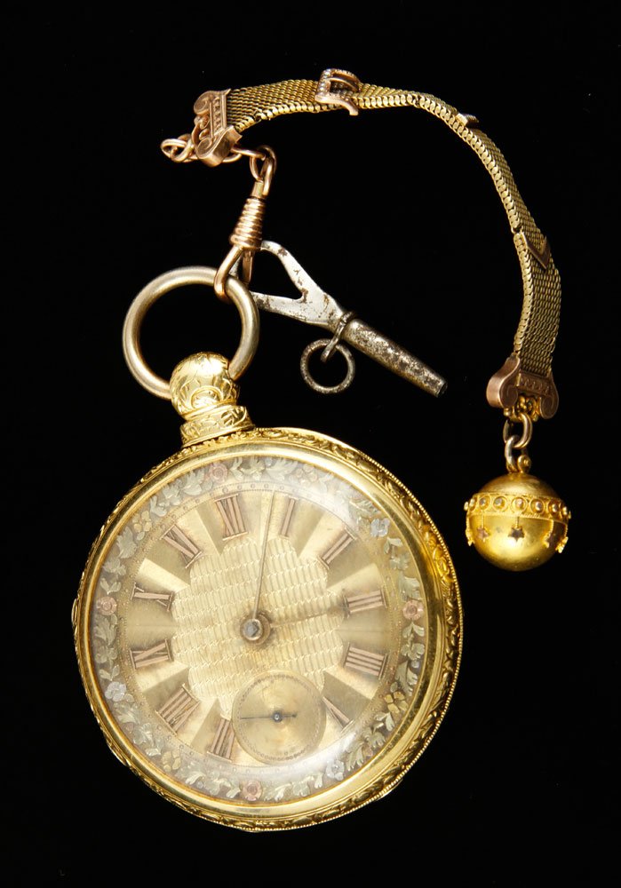 19th C. 18K Gold Pocket Watch: 19th century multi-colored 18k gold pocket watch by M.I. Tobias and Co., key wind with fusee movement, movement marked M.I. Tobias and Co. Liverpool, and case marked WW+Co., 2" dia, includes original