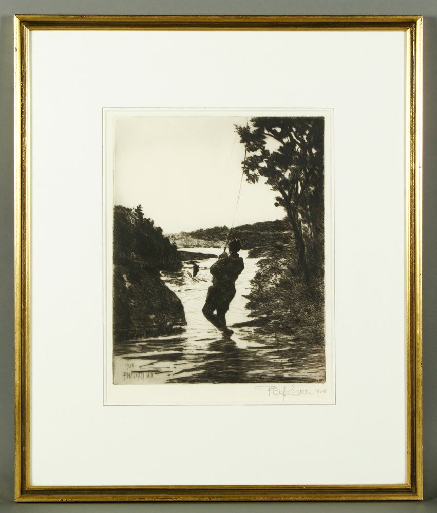 Little, Fishing in a Stream, Etching: Philip Little (American 1857-1942), fishing in a stream, etching, signed in pencil and dated 1928 in the lower right, Fenway Art Center label verso, 10 1/2" h x 8 1/4" w (view), 17 3/4" h x 14 3/4" w 