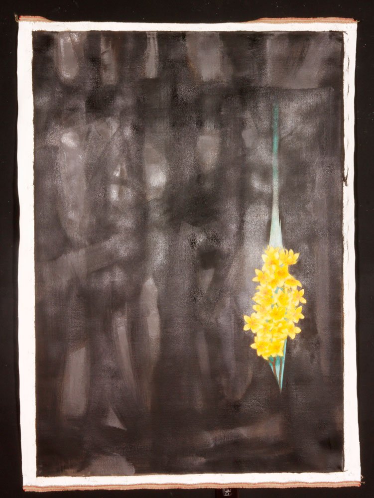 Jeswald, Lot of 2 Paintings: Joseph Jeswald, lot of two paintings, oil on canvas, one of flowers, one of people watching a speaker, both signed lower right, unstretched and unframed, larger 51" h x 36" w.
