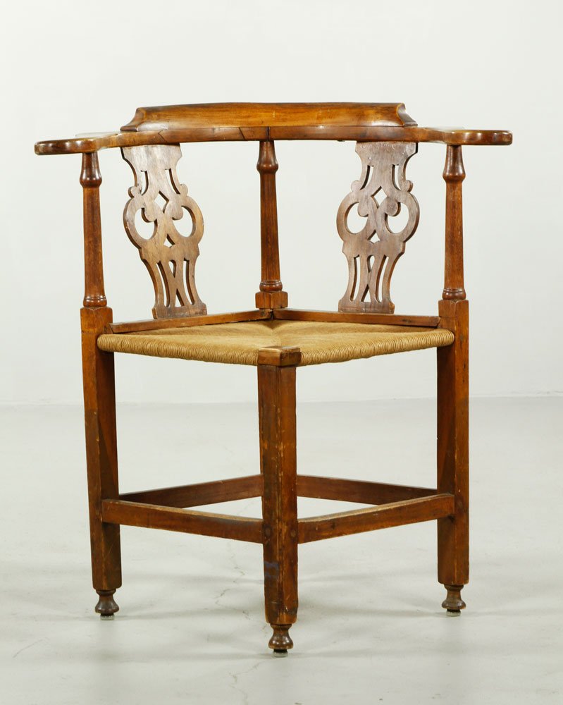 18th C. American Chippendale Country Corner Chair: 18th century American Chippendale country corner chair with rush seat, 30" h. Provenance: From a New York, NY collection.