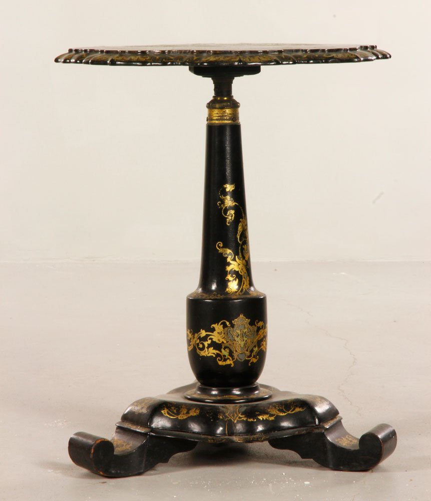 Victorian Papier Mache Table: Victorian papier mache table, with MOP castle insert, and paper mache fan, 22" h.