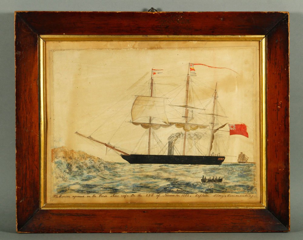 19th C. English Folk Art W/C: Framed 19th century English Folk Art watercolor on paper depicting a British ship at sail, inscribed "The Harrier aground on the 29th of Nov. 1854, Captain Slory Commanding," 10 1/2" h x 14" w (view),