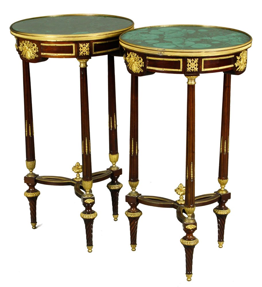 19th C. French or Russian Mahogany Tables: 19th century French or Russian tables, mahogany, with ormolu bronze mounts and malachite tops, 28" h x 16" dia. Provenance: From a prominent Los Angeles collection.