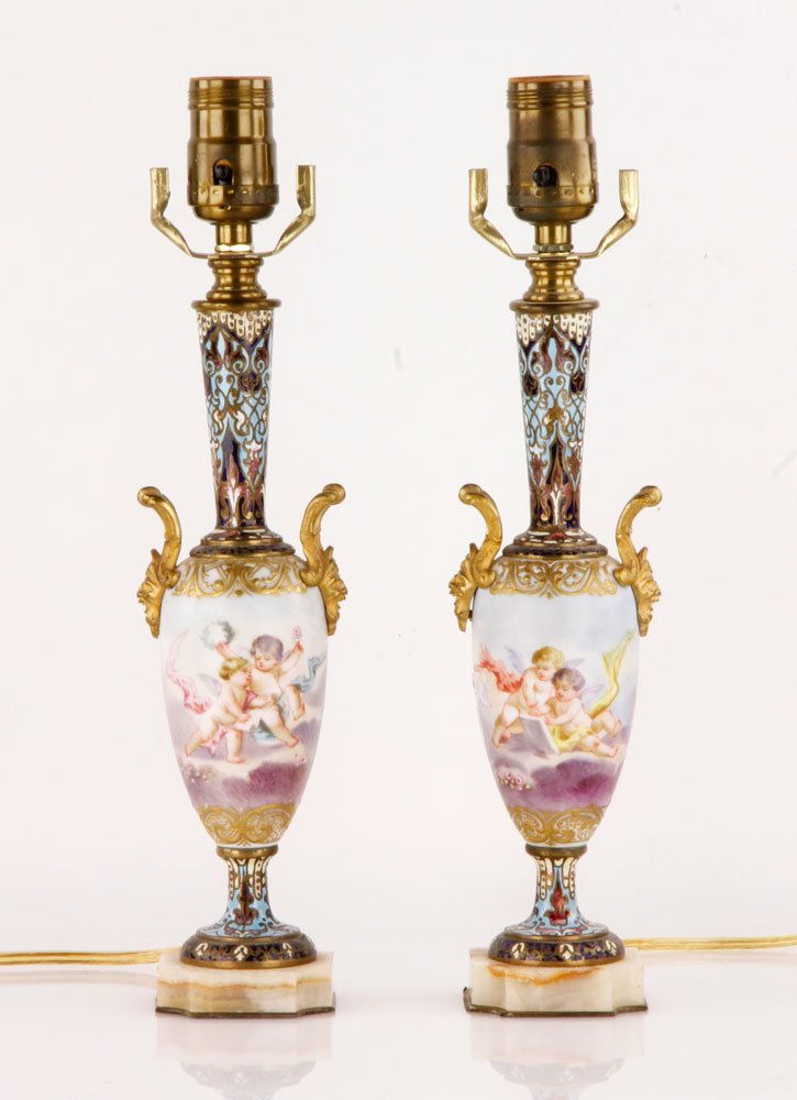 Pair of French Sevres Lamps: Pair of French Sevres and champleve lamps, 14" h. Provenance: From a prominent Los Angeles collection.