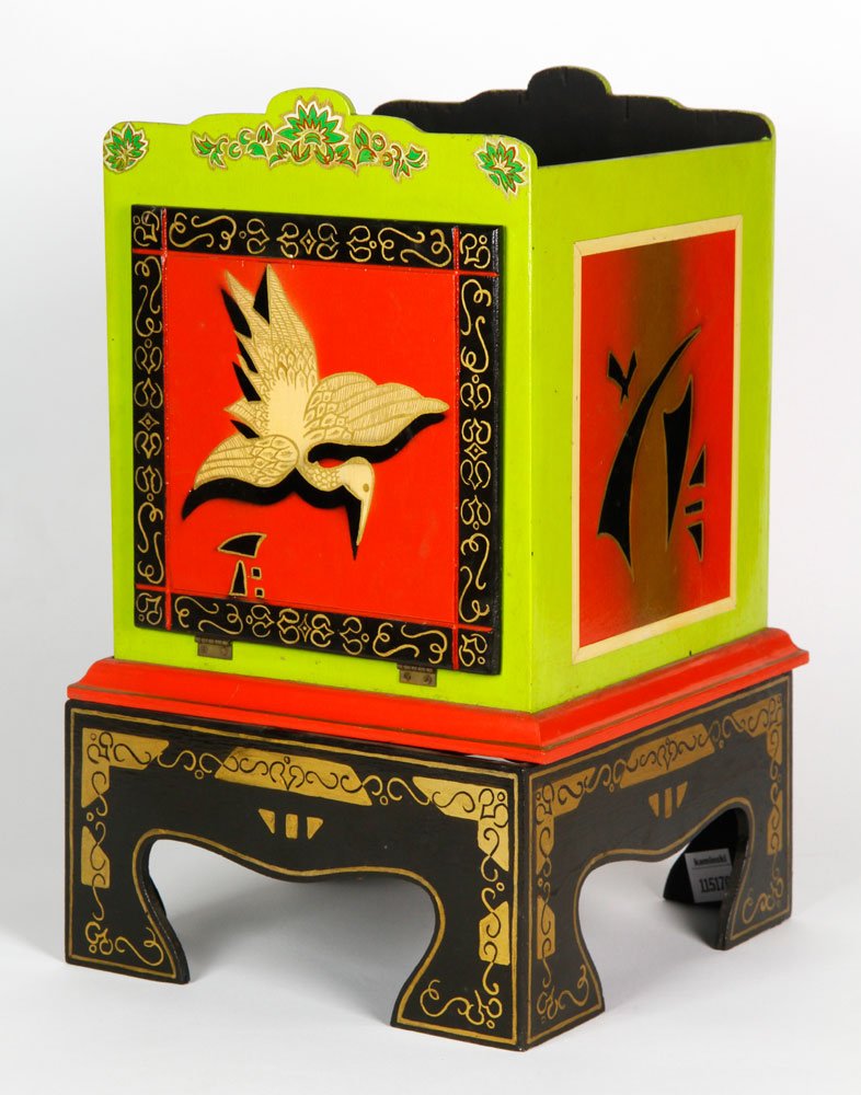 "The Mandarin's Chest": "The Mandarin's Chest", hand painted wooden chest on stand with birds and gold detailing, invented by Ridel, one of the first effects done in the Le Grand David show, 16 1/4"h x 10 1/4"sq. Provenance: