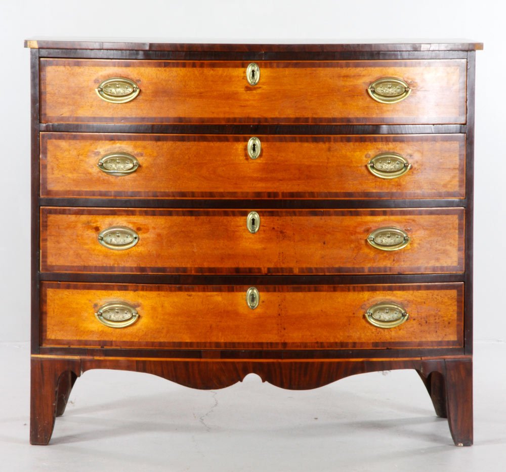 19th C. Hepplewhite Bow Front Chest: 19th century Hepplewhite four drawer bow front chest, with bracket feet, 36 1/2" h x 41 3/8" w x 21 1/4" d.