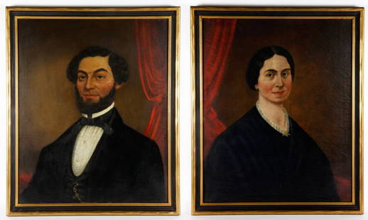 Mason, Pair of Portraits, O/C: William Sanford Mason (1824-1864), pair of portraits, signed on back "S. Mason, Sept 1860 Boston," 27" h x 22" w (view), 30" h x 25" w (frame). Provenance: From a Melrose, MA estate.