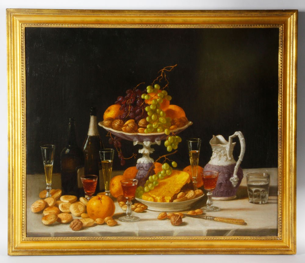 Francis, "A Wine Taster's Table," O/C: John F. Francis (American, 1808 – 1886), "A Wine Taster's Table", oil on canvas, 25" h x 30" w. Note: This painting is nearly identical to a variant Francis still life that sold at a Christie's New