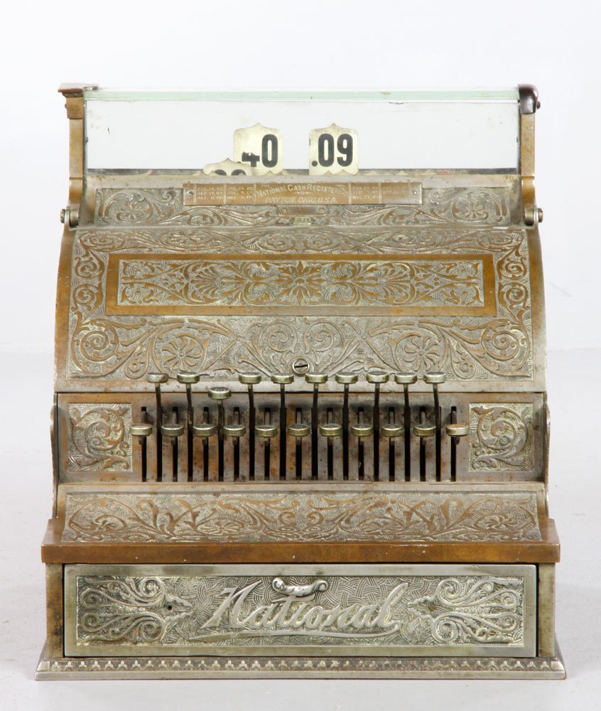 19th C. Brass Cash Register: 19th century cash register, brass, by National Cash Register Company, model 38, 18" h x 16 1/2" w x 15 1/4" dia. Most recent patent date is Sept. 26, 1893. Provenance: From a Beverly, MA estate.