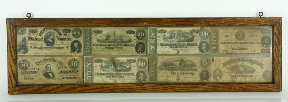 Framed Grouping of Confederate Currency: Framed grouping of confederate paper currency, 8 bills from top left to bottom right: a) 100 dollar bill, serial no. 88123, Richmond, February 17th 1864, b) 20 dollar bill, serial no. 69797, Richmond,