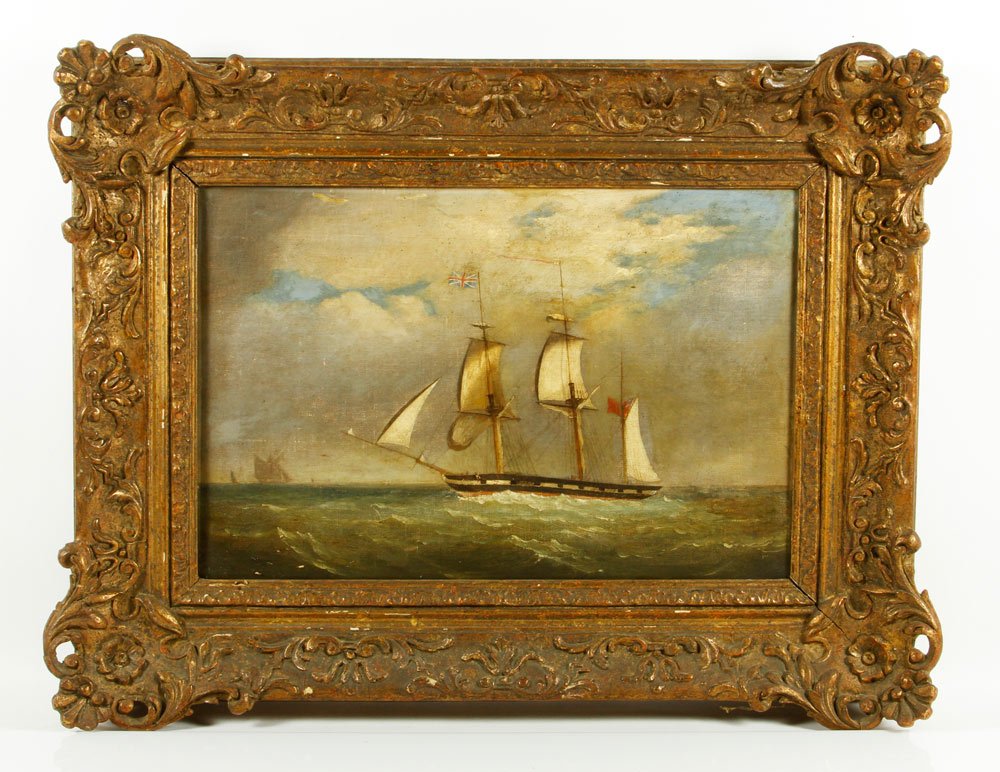 19th C. British Ship Portrait: 19th century British ship portrait, with flag, 12" h x 18" w (view), 19" h x 26" w (frame). Provenance: From a California estate.