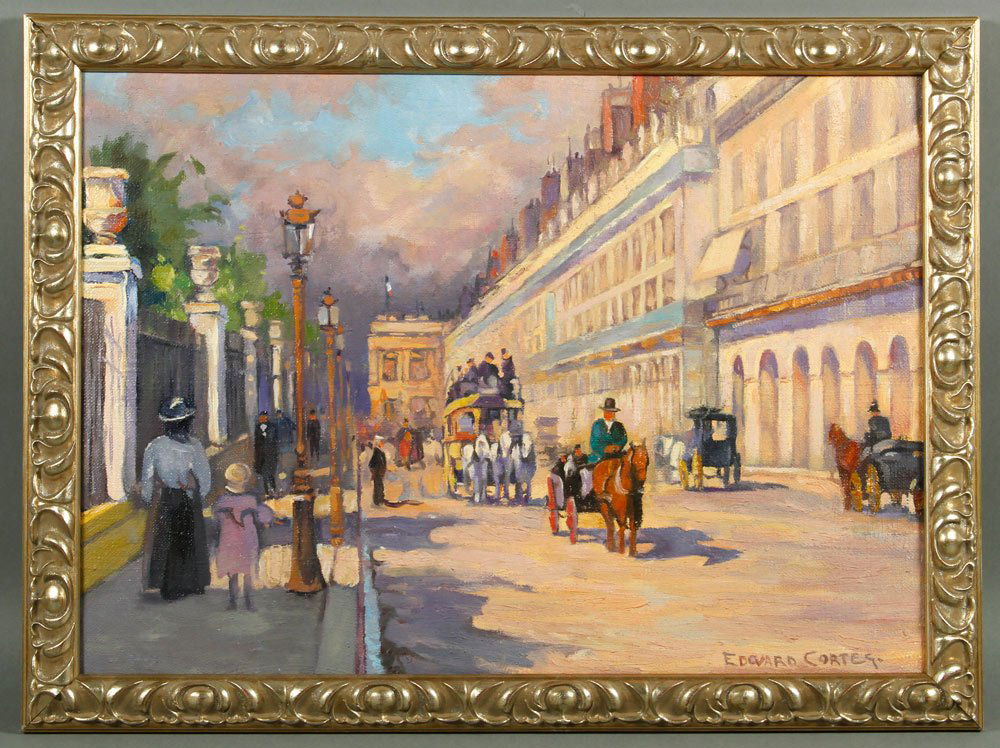 Paris Street Scene, O/C: Paris street scene, oil on canvas, signed lower right "Edouard Cortes," 13" h x 18" w (view), 15" h x 20" w (frame).