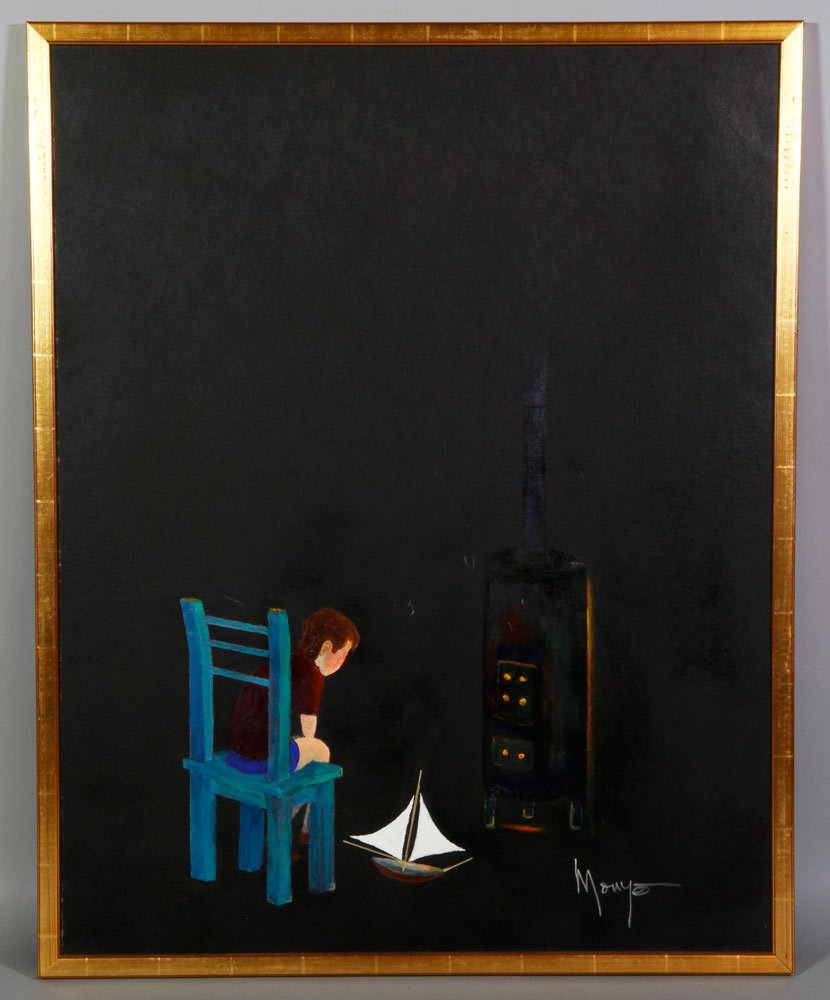 Prince Monyo, Child, Painting: Prince Monyo, untitled painting of a child in front of a stove, 39" x 31".