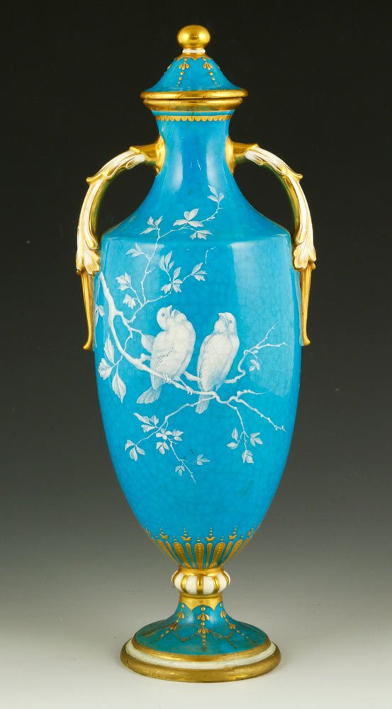 19th C. Mintons Urn: 19th century Mintons urn, aqua blue with painted white birds, 10 1/2" h. Provenance: From a California estate.