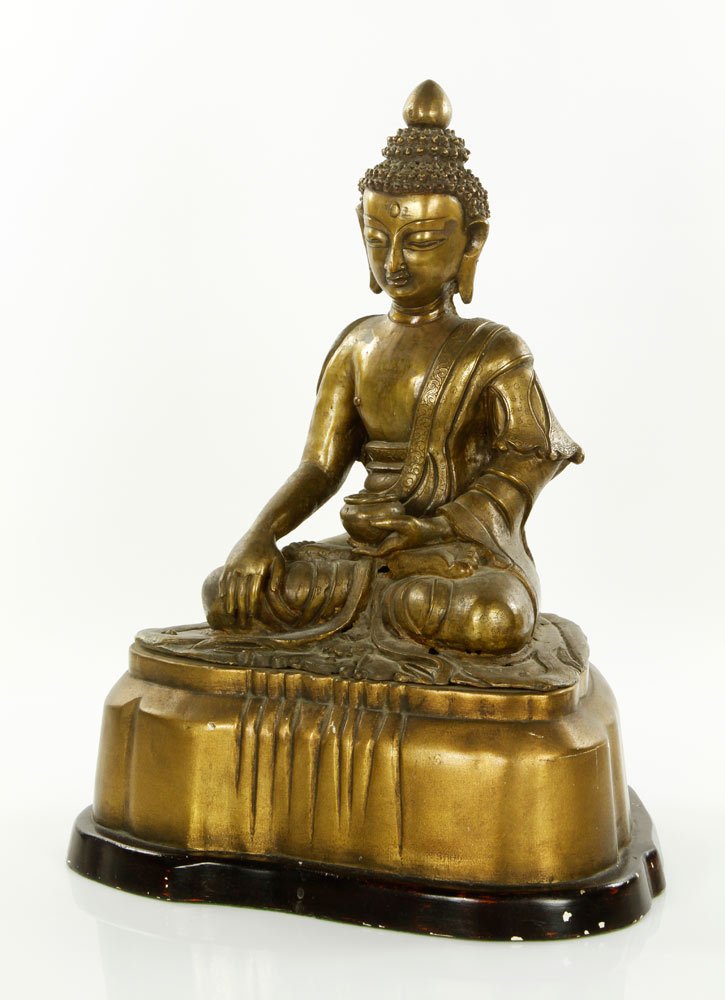 Chinese Bronze Buddha on Wood Base: Bronze Buddha on gold painted wood base, China, Ming dynasty, 10 1/2'' h x 9'' w, 15'' x 11'' with stand.