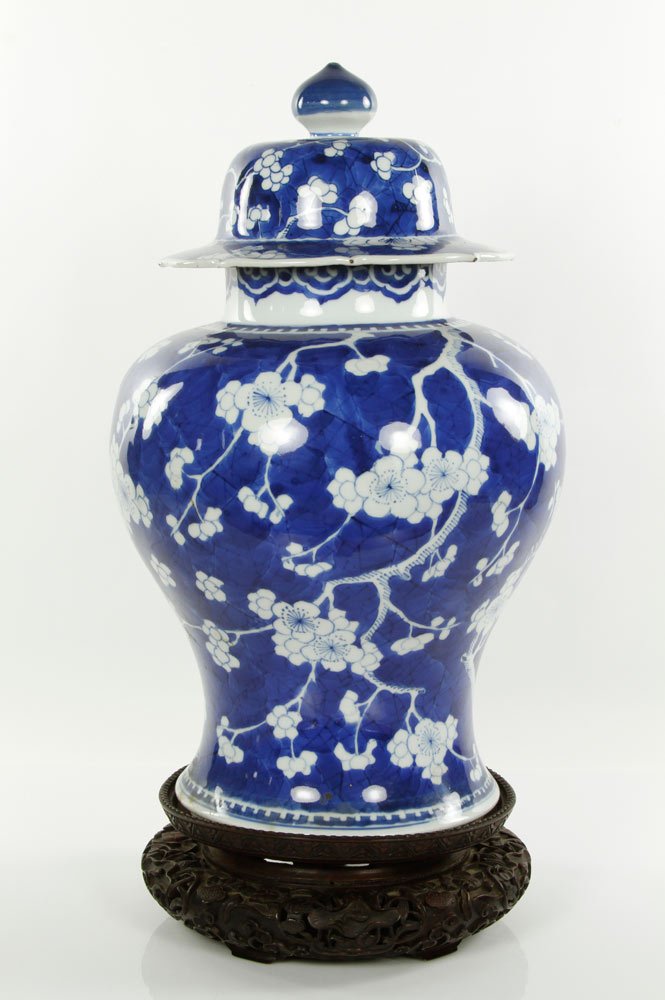 Chinese Blue and White Jar: Blue and white jar with stand, China, late Qing dynasty, 16" h x 10" w. From the estate of the late Colonel James William Fraser.
