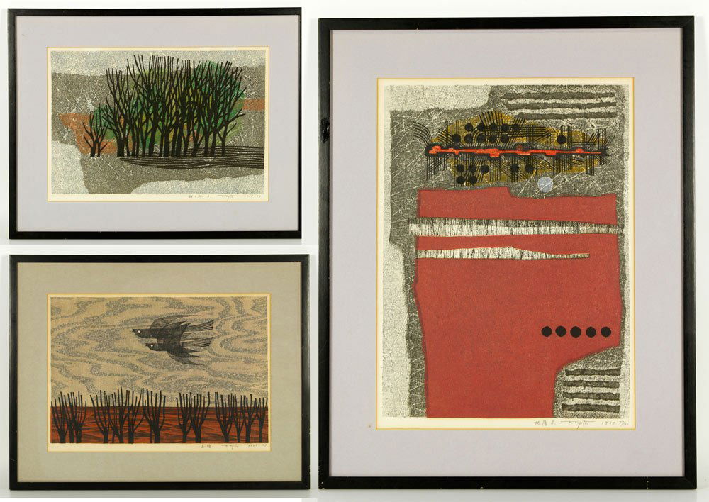 3 20th C. Ujita Wood Cut Prints: Three 20th century Japanese wood cut prints by F. Ujita, signed in pencil, dated 1964-77-1100, to include: abstract, 15 1/2" h x 11" (view), 20" h x 16" w (frame); trees, artist proof, 10 1/2" h x 15"