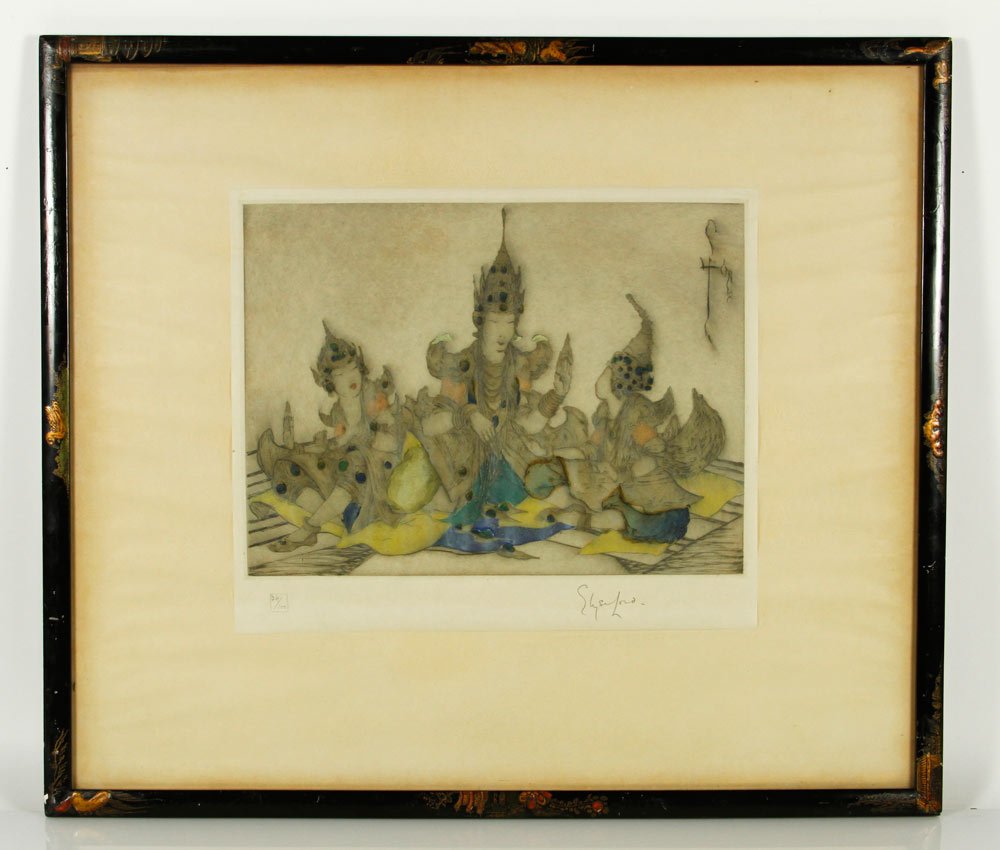 Lord, "Instruction", Etching: Elyse Lord, "Instruction", hand colored etching, Thai dancers, original Chinoiserie decorated frame, label verso, signed in pencil, 34 out of 100, 12" h x 14 1/2" w (view), 21" h x 25" (frame). Proven