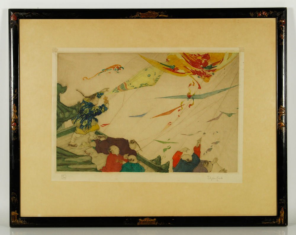 Lord, "Flying Kites", Etching: Elyse Lord, "Flying Kites", hand colored etching, Thai dancers, original Chinoiserie decorated frame, label verso, signed in pencil, 42 our of 100, 13 3/4" h x 18 1/2" w (view), 21" h x 27" w (frame).