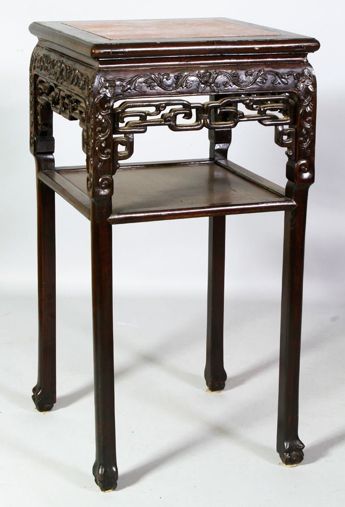 19th C. Chinese Marble Top Table: 19th century Chinese marble top table, carved rosewood, 31 7/8"h x 16 1/2"w x 16 1/2"d.