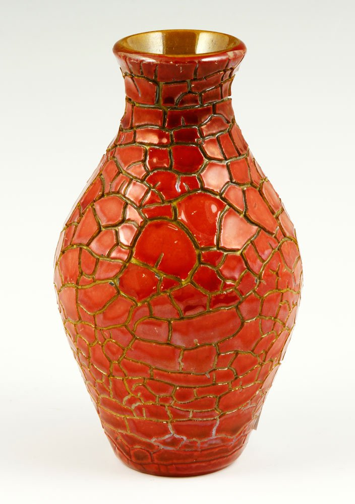 Zsolnay Vase: Zsolnay vase with red crackle glaze, Hungary, circa 1920, 5 3/8"h. Provenance: from a Newton, Massachusetts collection.