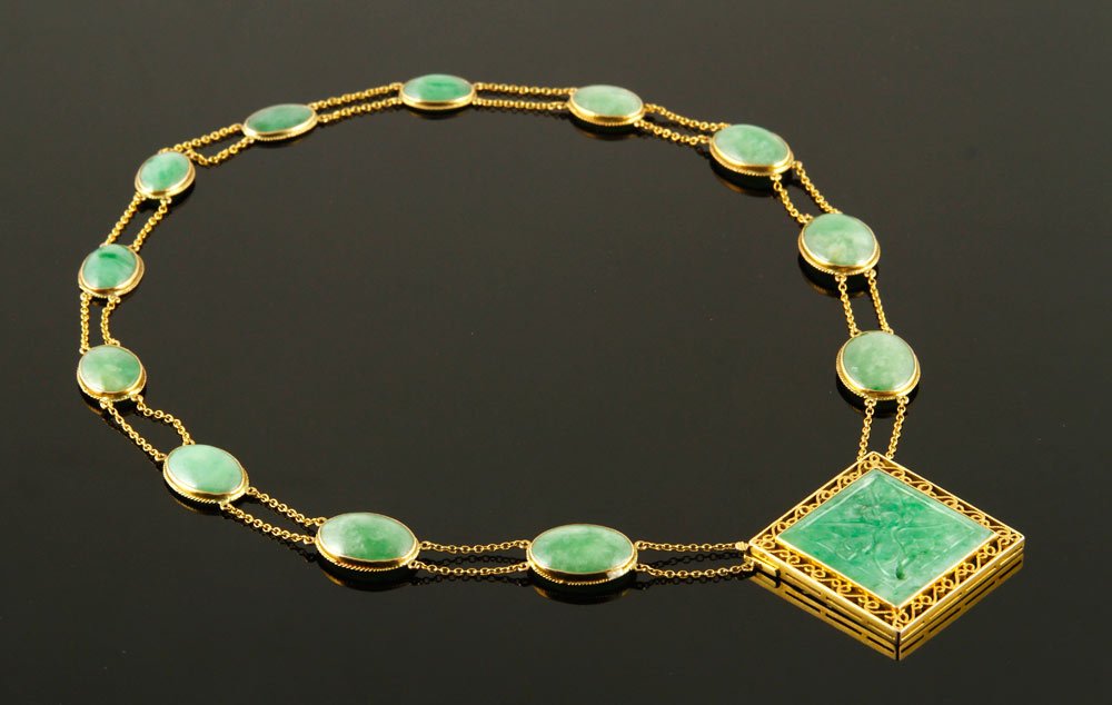 Edward G. Robinson's Mauboussin 18K Gold and Jadeite: Fine Mauboussin 18K yellow gold and jadeite necklace descended from the estate of the great actor Edward G. Robinson and his wife Gladys Lloyd Robinson, circa 1930; this necklace passed directly from