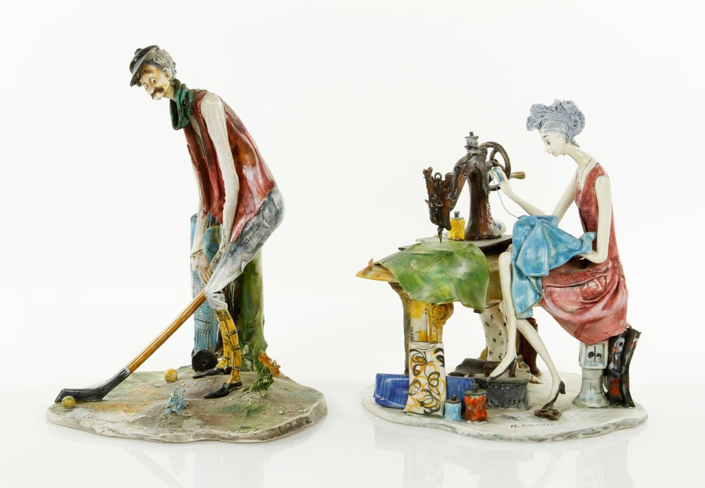 Colombo, 2 Lo Scricciolo Pottery Sculptures: Adriano Colombo (b.1940), two Lo Scricciolo Pottery sculptures, signed d" A. Colombo" topside of base, to include: "Ceramic Golfer", 1970; "Ceramic Sewer with machine", 1970; both with letters of auth