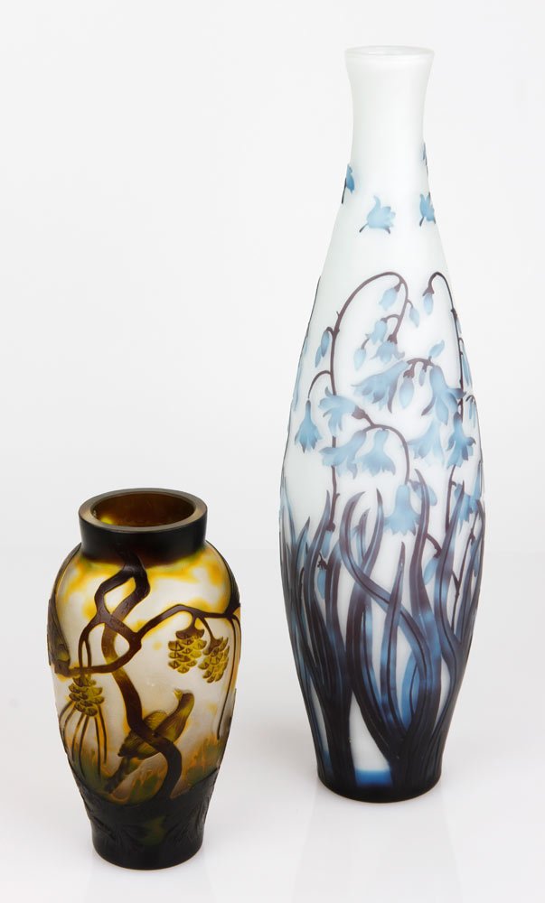 2 Daum Style Cameo Vases: Lot of two Daum style cameo vases, one of clear and amber colored frosted glass, other of white and blue opaque glass, neither marked, 17"h x 5"dia, 8"h x 4 1/2"dia. Provenance: MA estate.