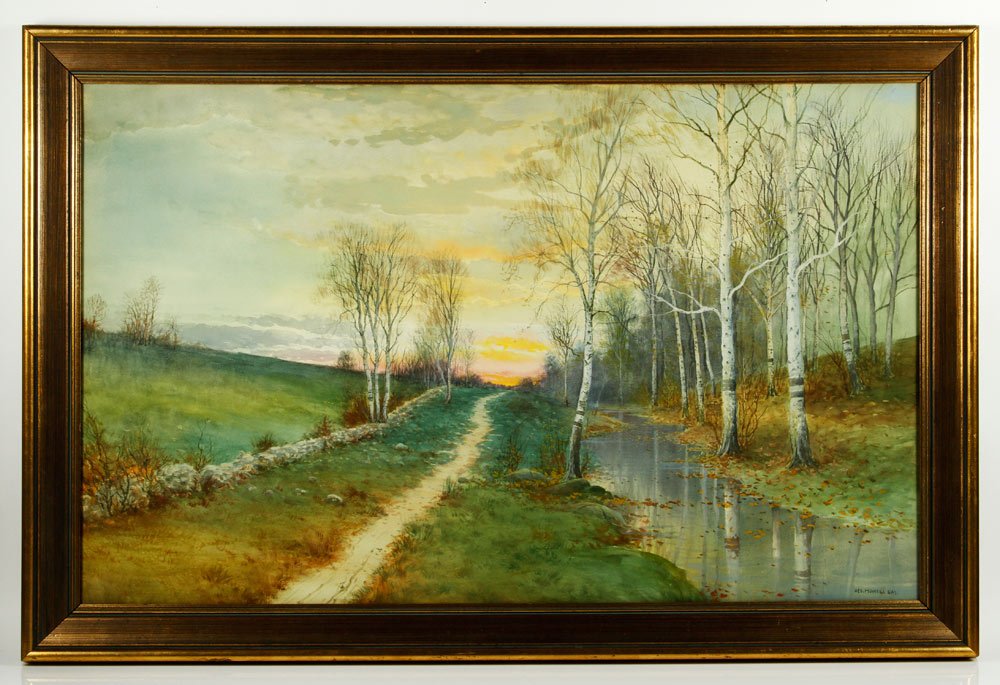 Gay, "The Close of a Sept. Day", W/C: George Howell Gay (American, 1858-1931), "The Close of a September Day", watercolor, signed lower right, info verso, 23" x 36" (view), 25 3/4" x 38 3/4" (frame). Provenance: MA estate.