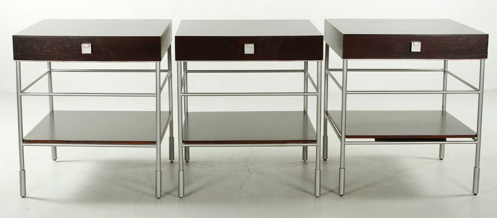 3 HBF Side Tables: Lot of three HBF one-drawer side tables with a shelf, walnut and bruchsed stainless steel, 27 1/4"h x 24"sq. Provenance: MA collector.